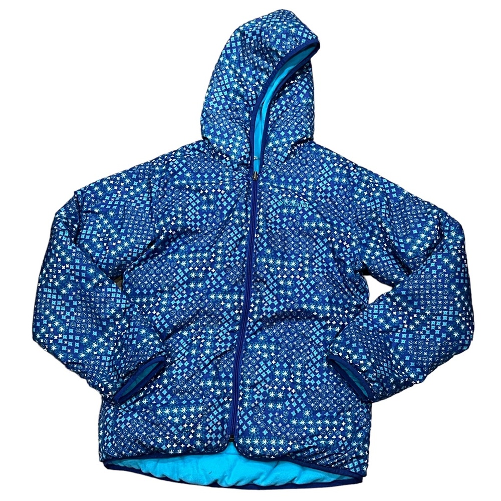 Columbia Girls Large 14//16 Blue Geo Print Fleece Reversible Winter Zip Jacket